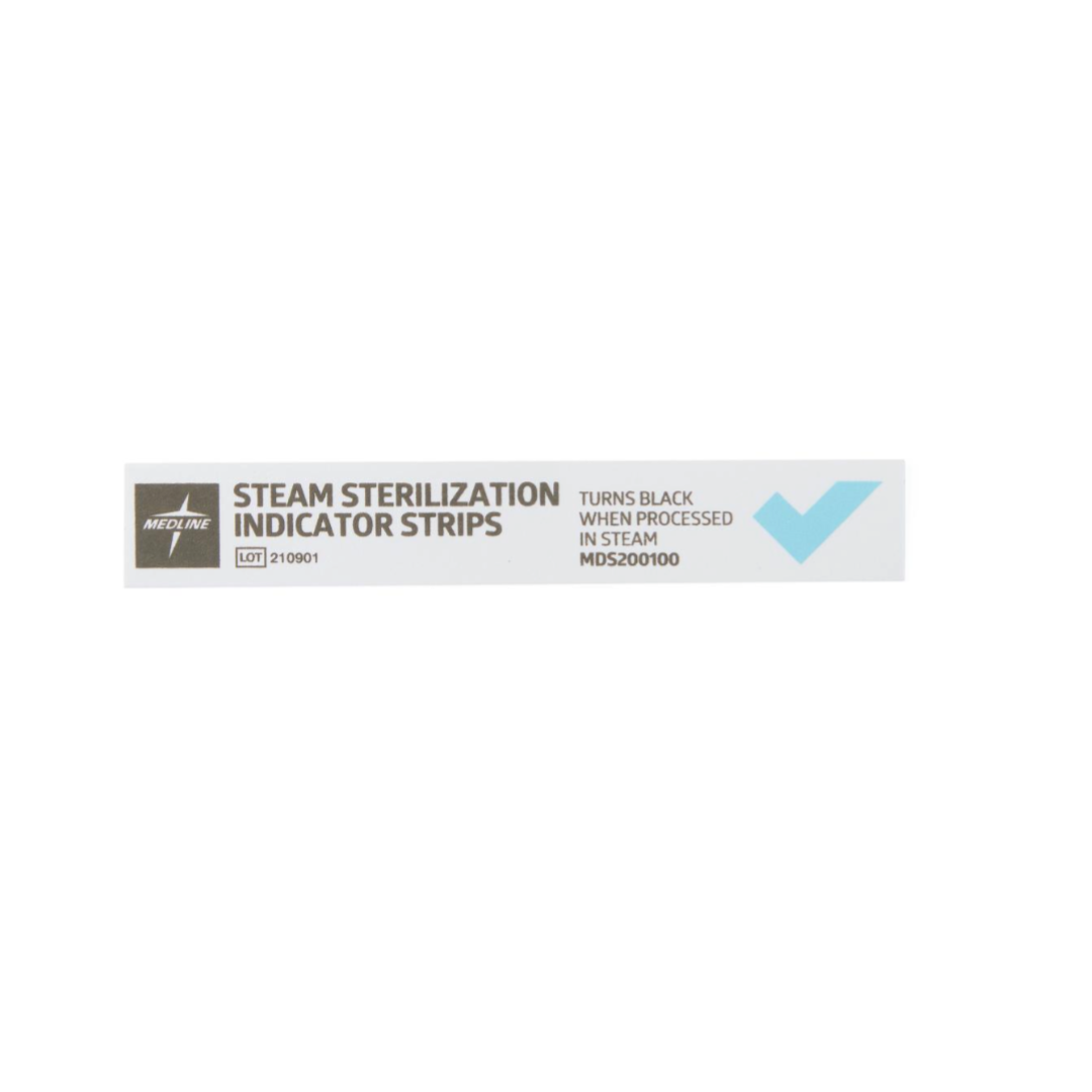 Medline Steam Indicator Strips - Class 4 feature text stating they turn black after steam processing and include a blue checkmark on the right side of each sterilization indicator strip.
